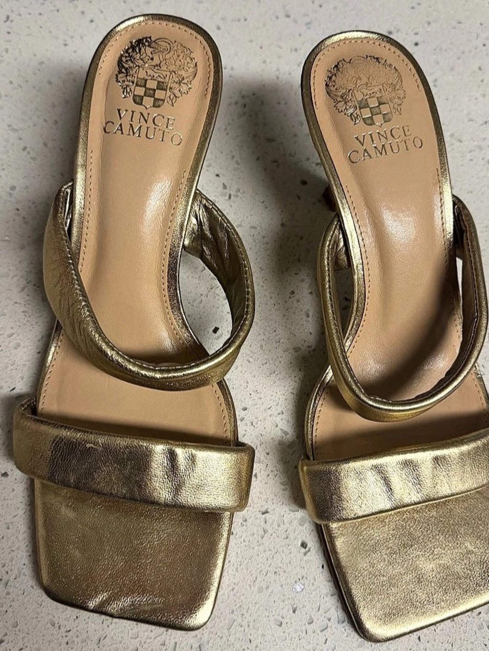 Vince Camuto Faiza Square Toe Kitten Heel Sandal Gold US 8.5